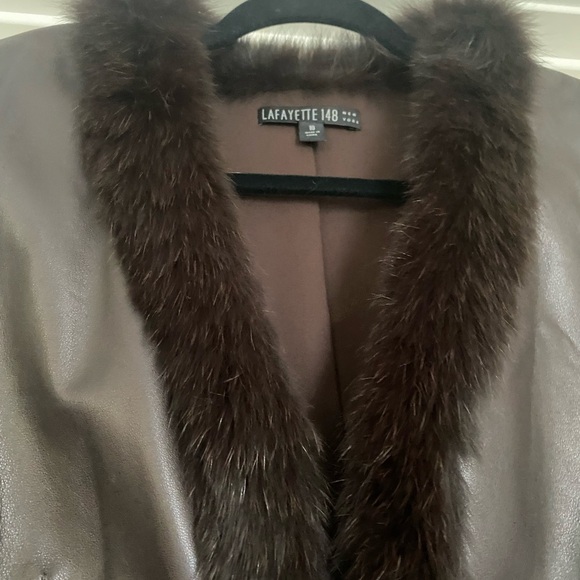 Lafayette 148 New York Brown Leather Jacket with Cropped Fit Fur Trim 100% Fox - Picture 5 of 13